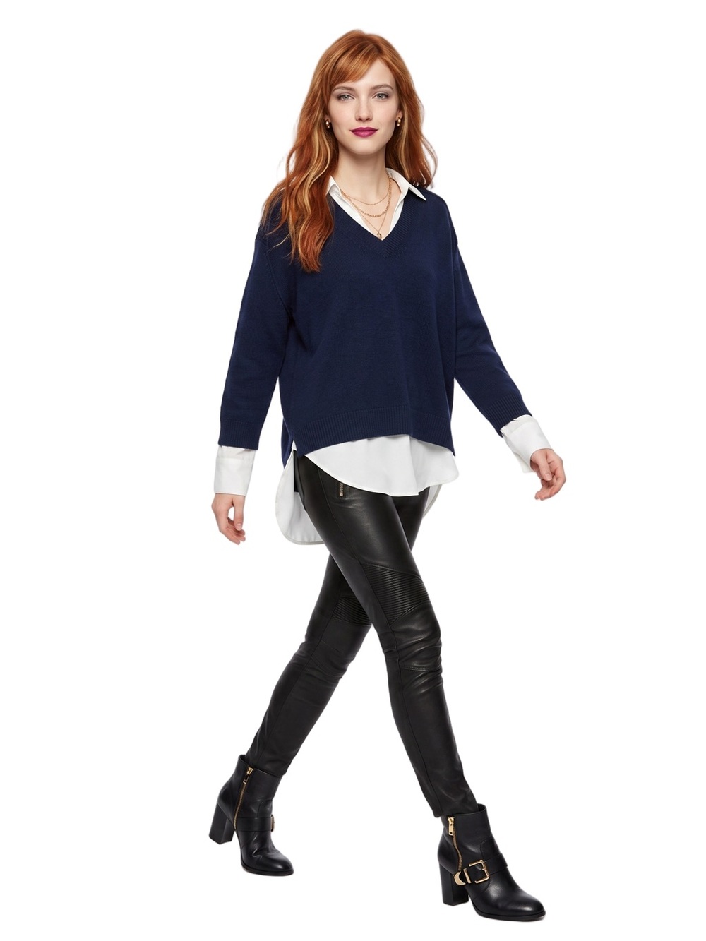 BROCHU WALKER Blue V-Neck Long sleeve Sweater Layered Look Sewn in White Shirt - Picture 4 of 16
